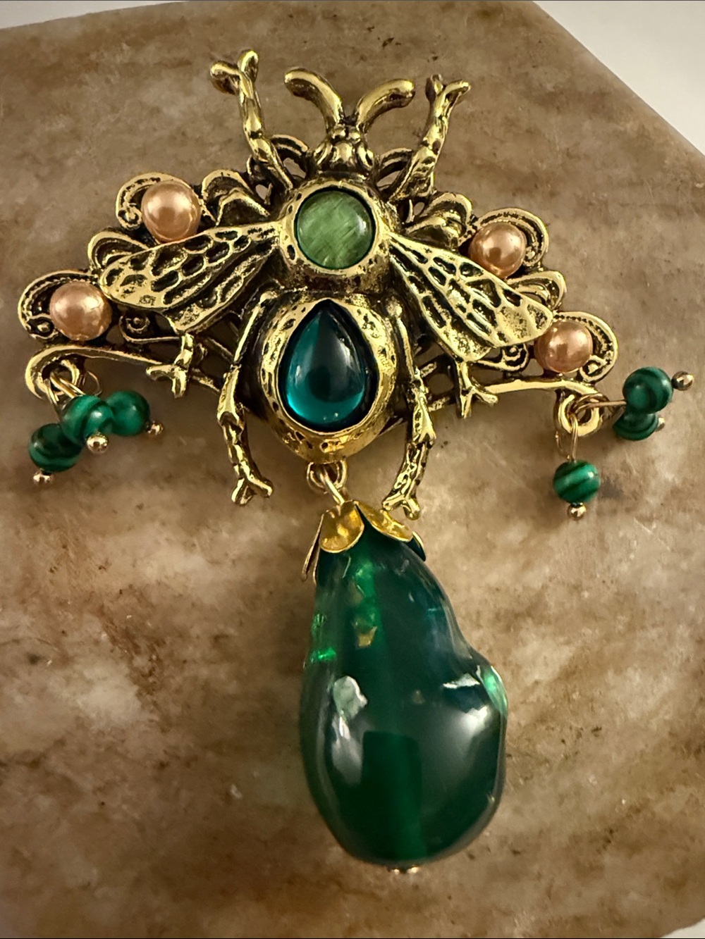 Gold-Tone Bee Brooch with Green Gem Drop